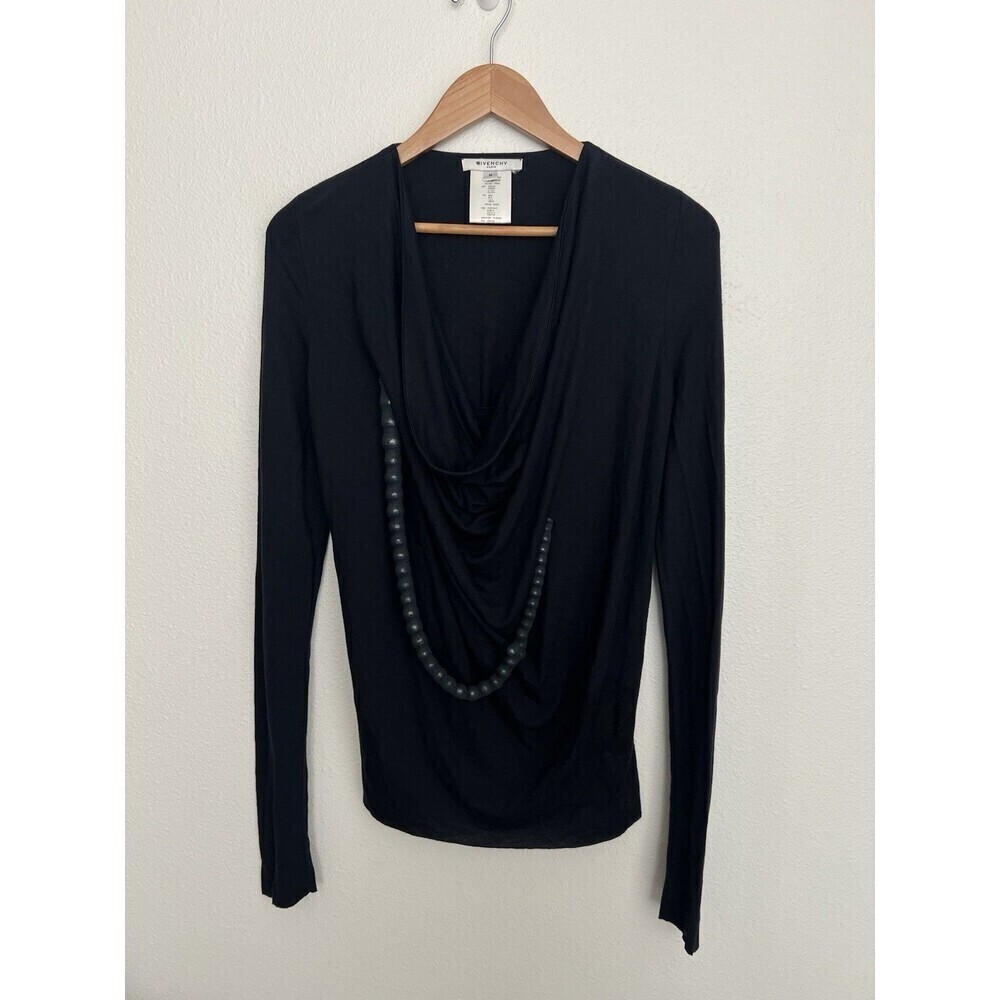 VTG Givenchy Paris Black Draped Cowl Neck Long Sleeve Silk Top Blouse Beaded S